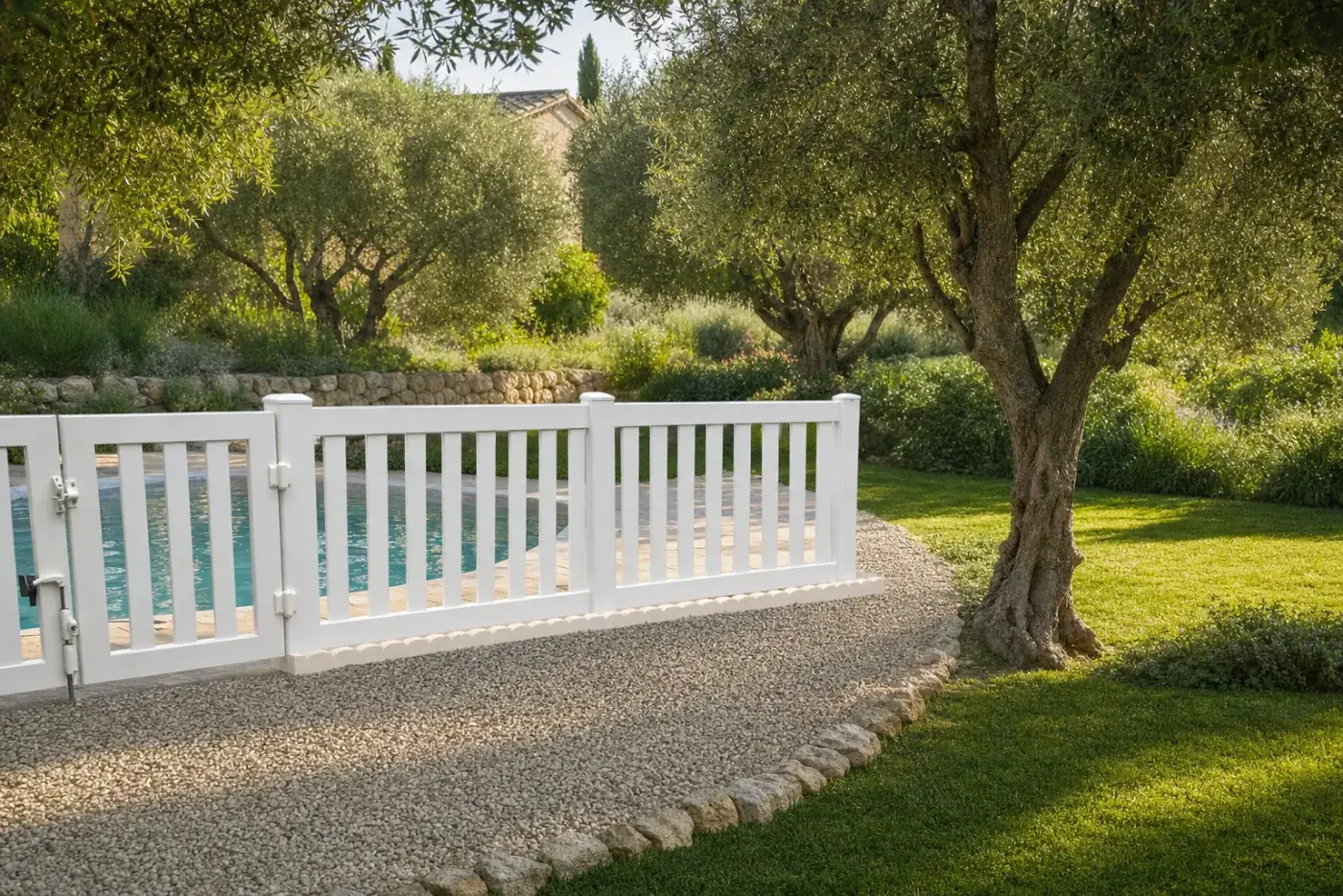 Tanca de piscina robusta blanca delimitant un jardí amb gespa i oliveres