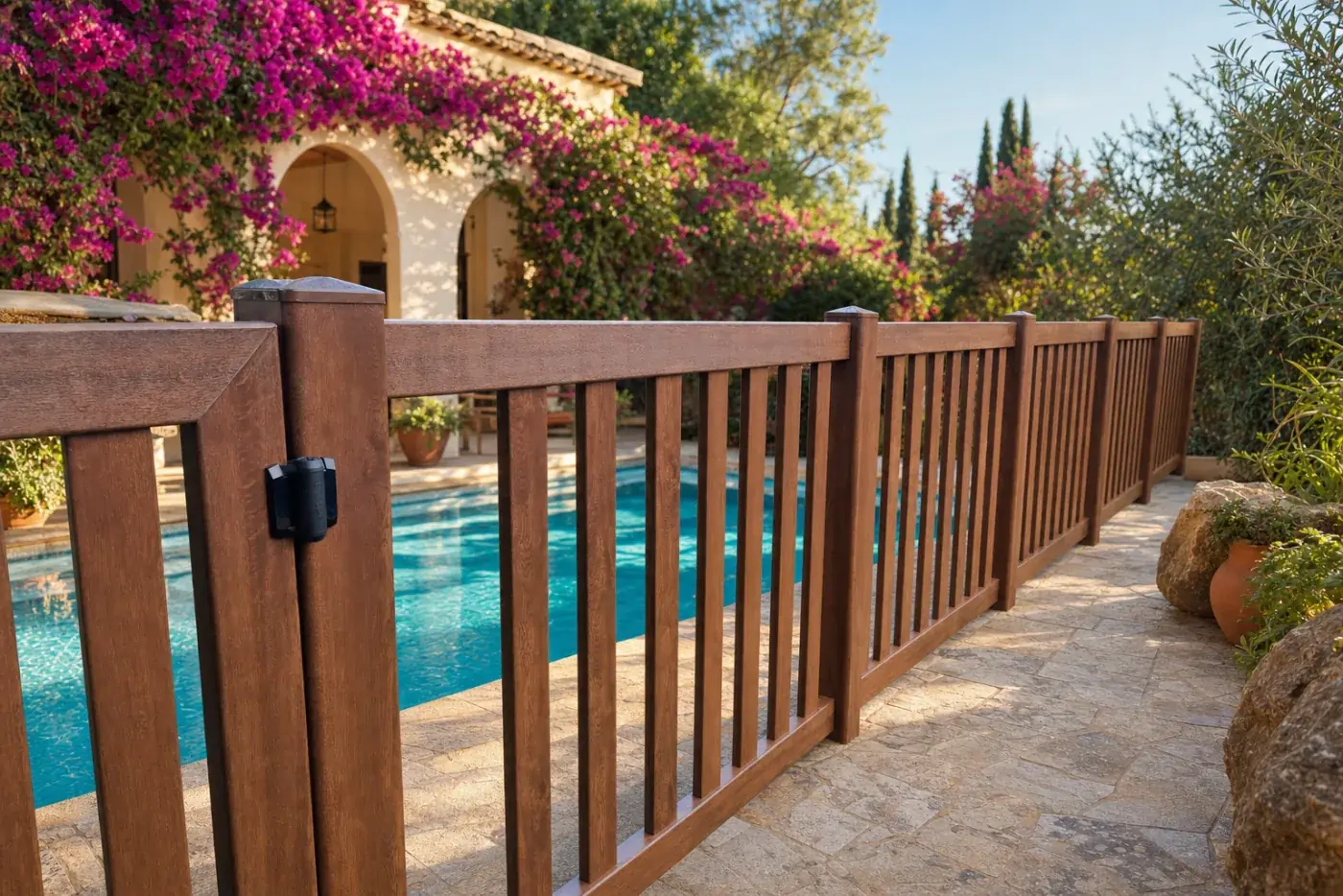 Tanca de piscina robusta amb acabat noguera i porta de seguretat, en un jardí amb buguenvíl·lea