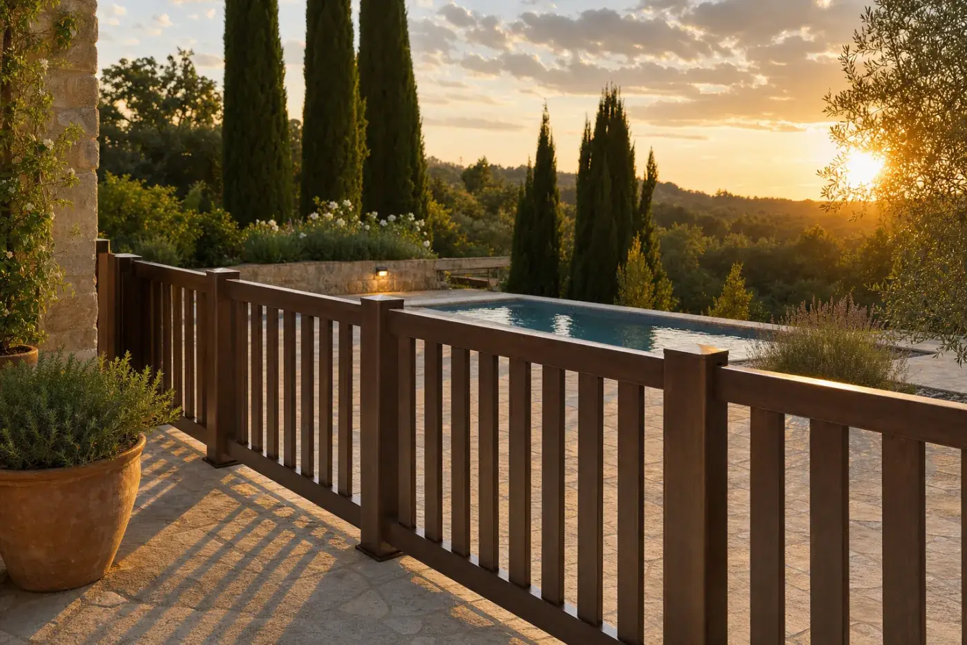 Tanca de piscina robusta amb acabat noguera al voltant d'una piscina amb terrassa de pedra