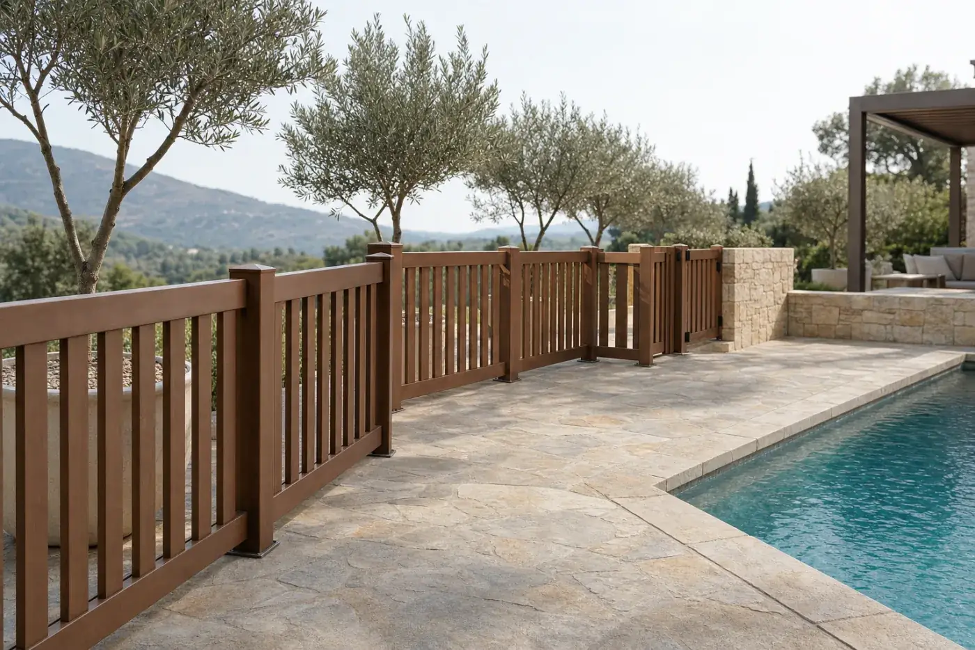 Tanca de piscina robusta amb acabat noguera en un pati de pedra amb oliveres