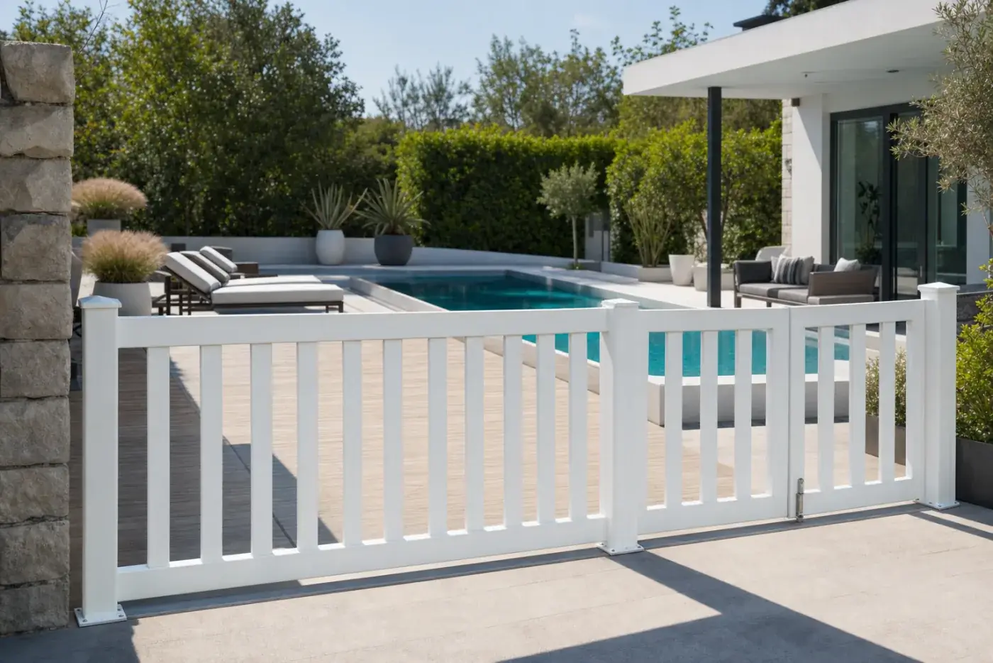 Tanca de piscina robusta blanca al voltant d'una piscina de disseny amb gandules