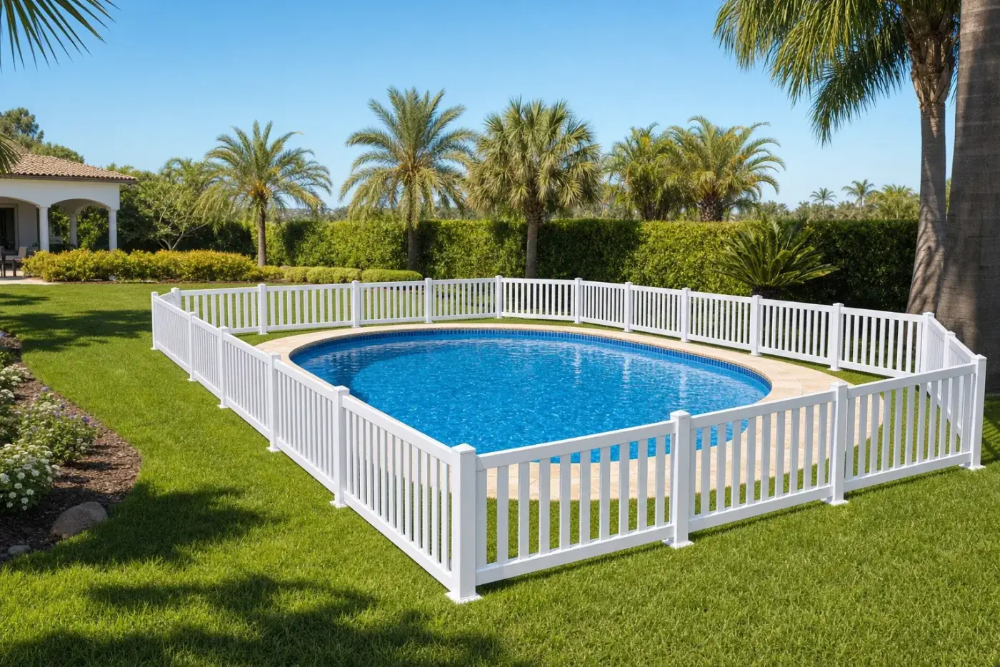 Tanca de piscina robusta blanca al voltant d'una piscina de jardí amb palmeres