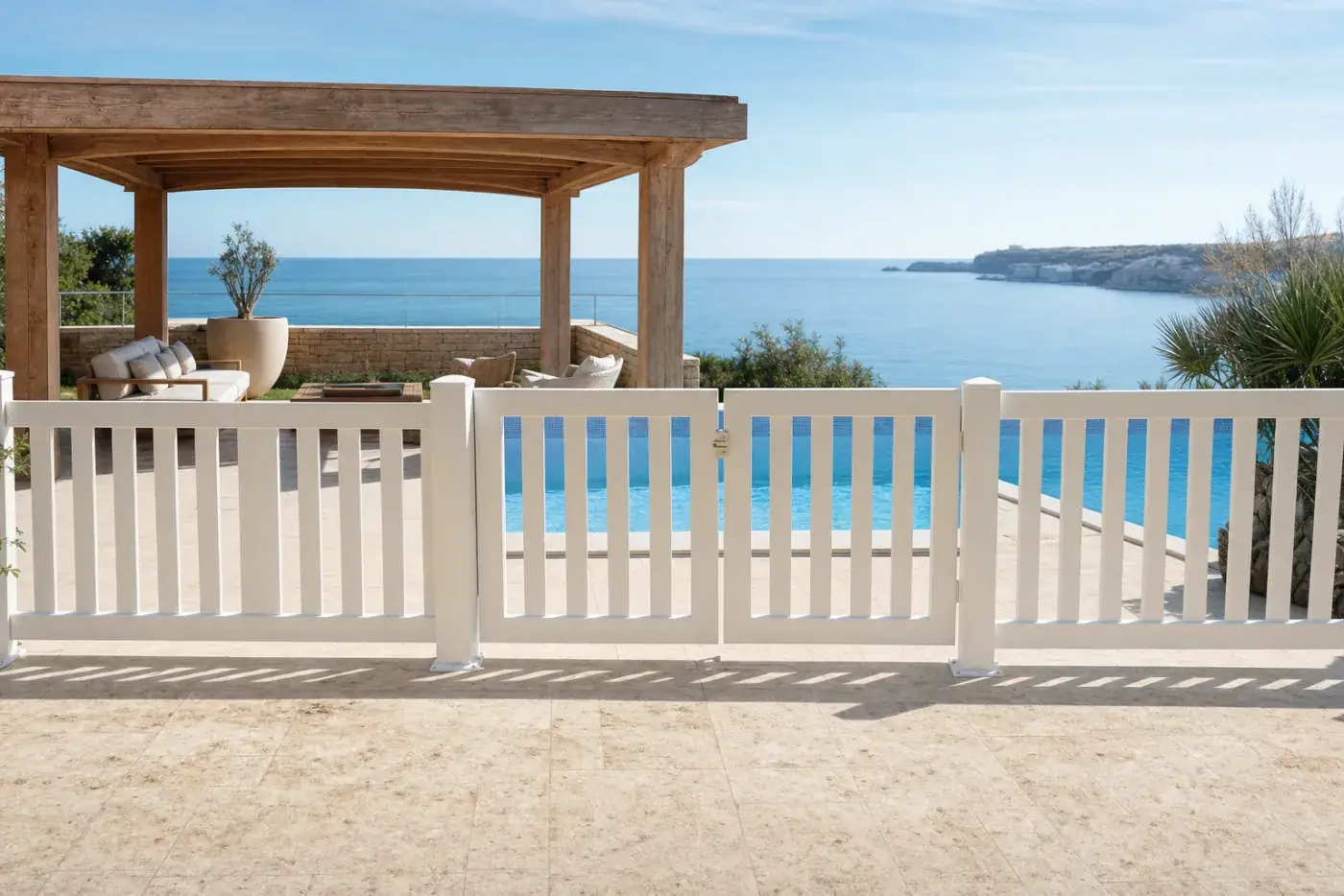 Tanca de piscina robusta blanca al voltant d'una piscina amb pèrgola de fusta i vista al mar