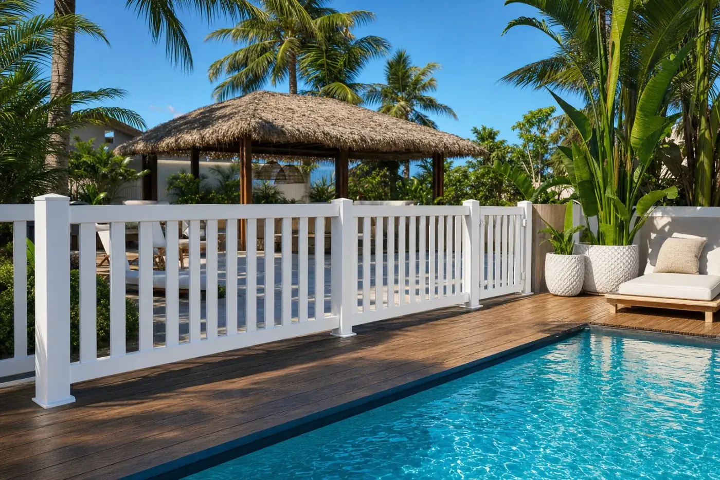 Tanca de piscina robusta blanca al voltant d'una piscina d'estil resort amb palmeres