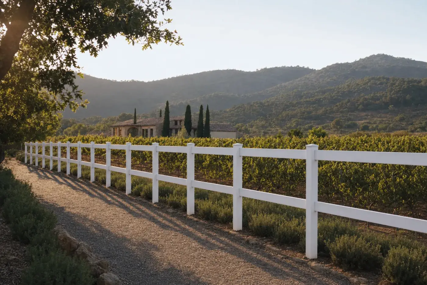 Cercat post-rail blanc delimitant una finca amb vinyes i muntanyes