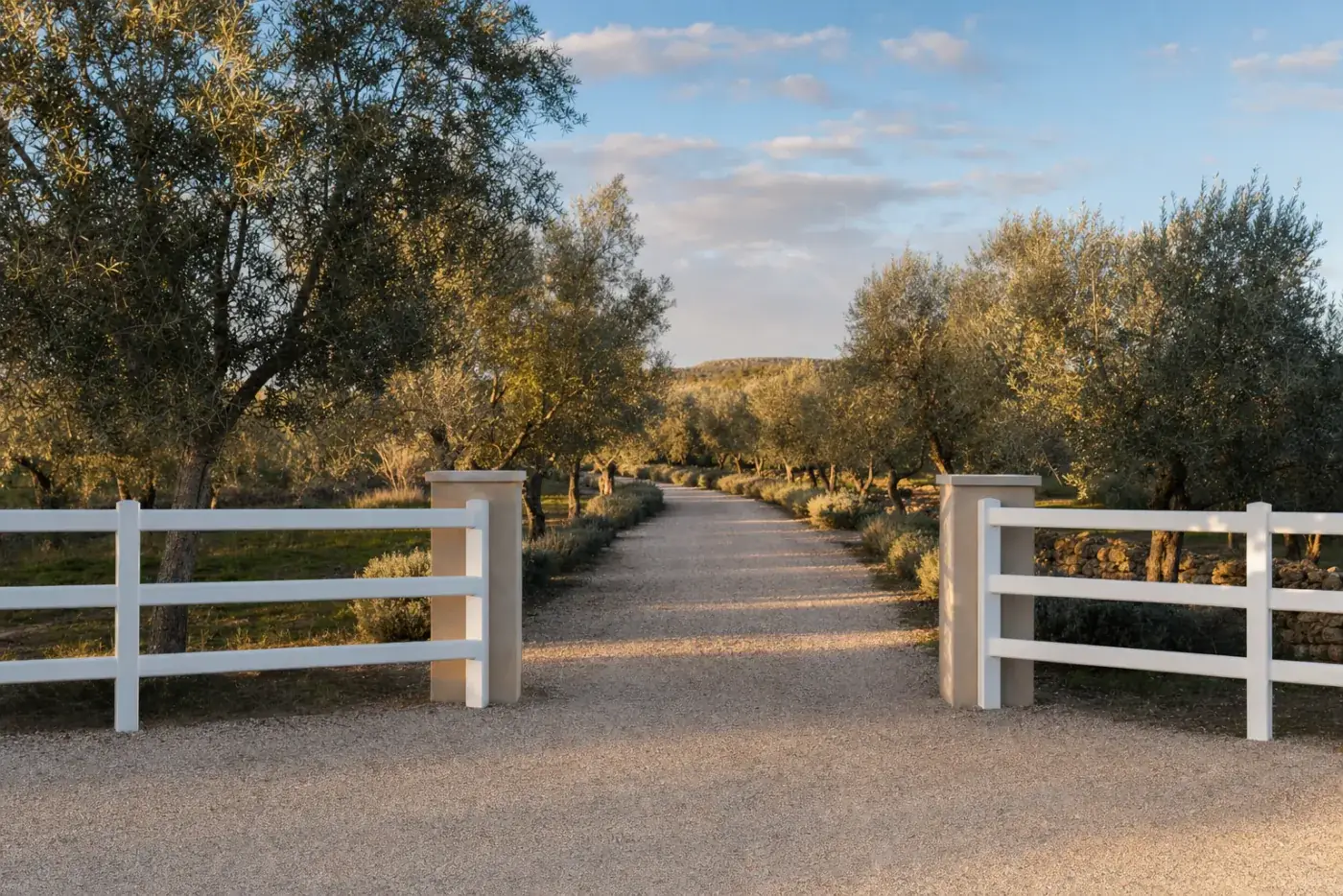 Cercat post-rail blanc a l'entrada d'una finca de l'Empordà amb oliveres