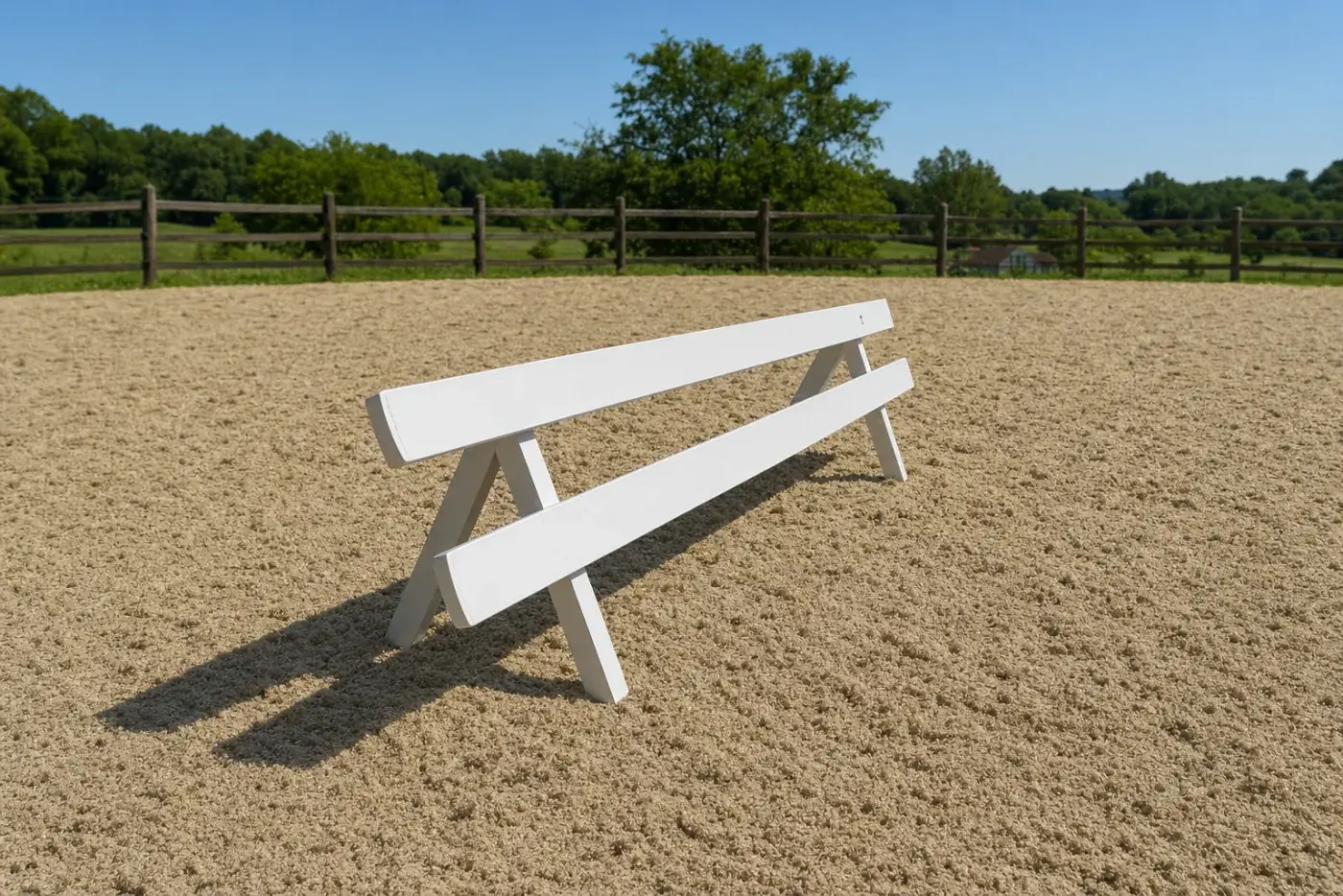 Cuadrilongo de doma desmuntable de PVC blanc muntat sobre sorra