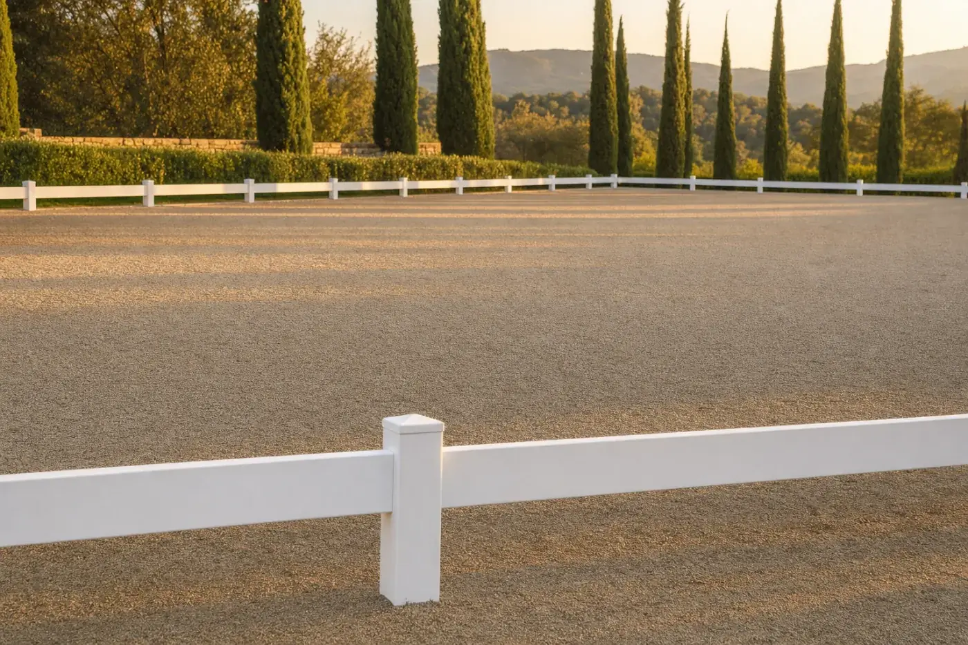 Pista de doma de PVC blanc sobre sorra amb cipresos al capvespre