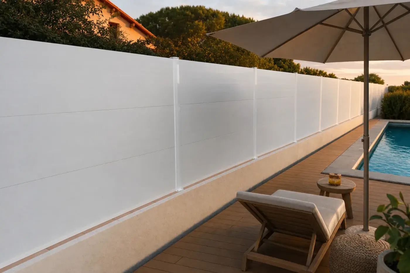 Tanca opaca íntima blanca al voltant d'una piscina amb para-sol al capvespre