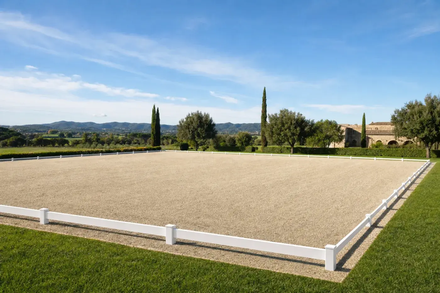 Pista de doma clàssica delimitada amb tanca baixa de PVC blanca sobre sorra