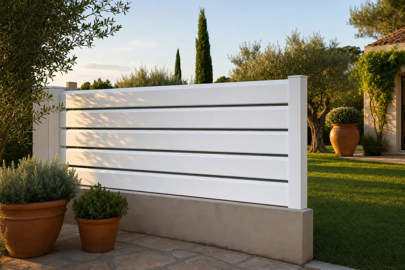 Tanca de PVC de lamel·la horitzontal blanca amb pas d'aire en un jardí mediterrani