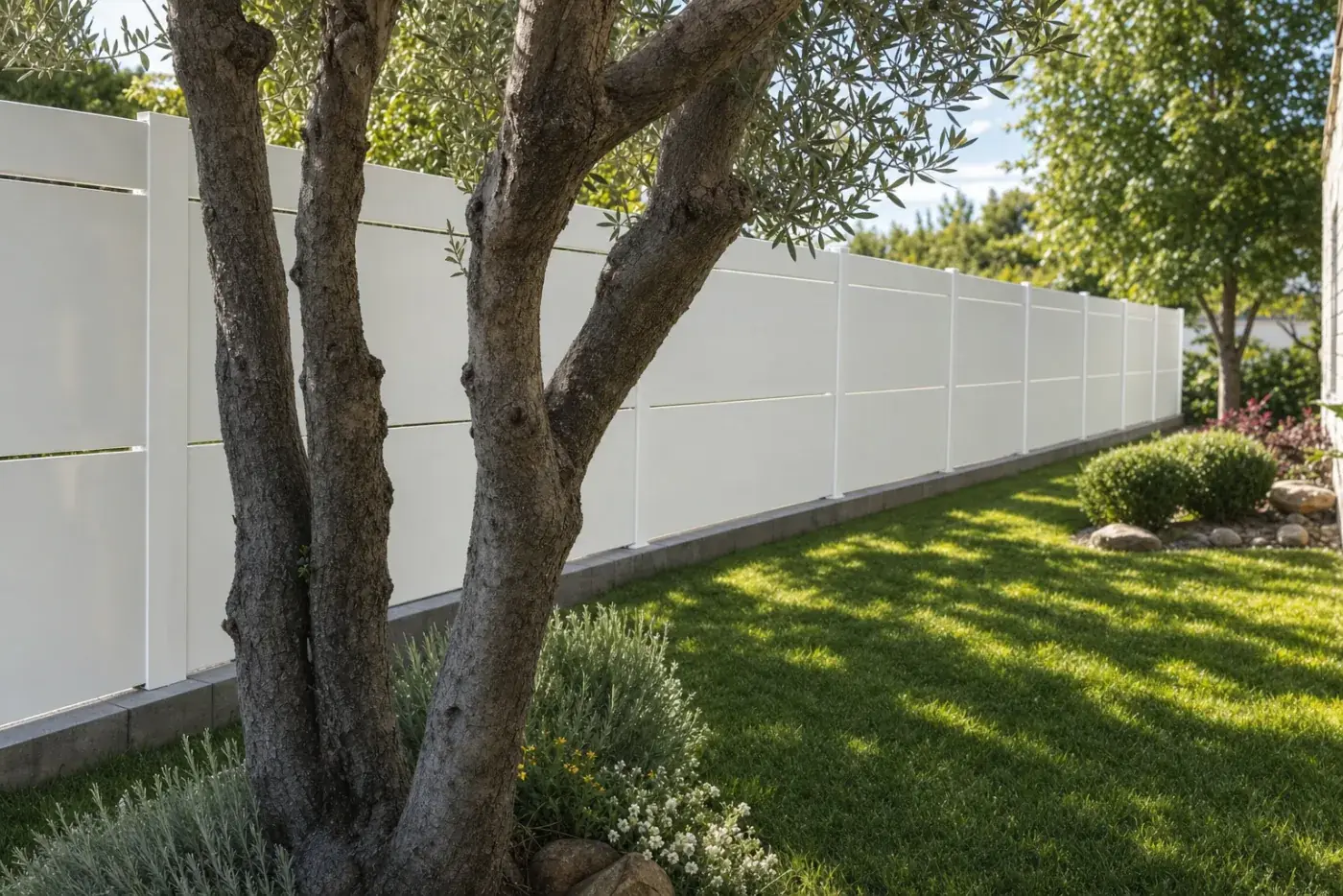 Tanca de PVC opaca blanca que tanca completament la visió d'un jardí privat