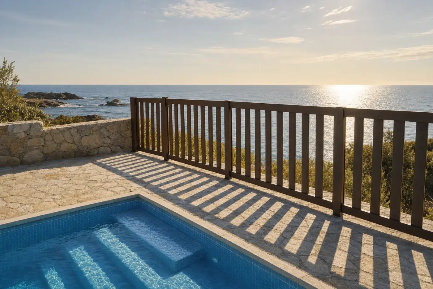 Tanca de PVC blanca de barrots verticals de perfil esvelt al voltant d'una piscina moderna