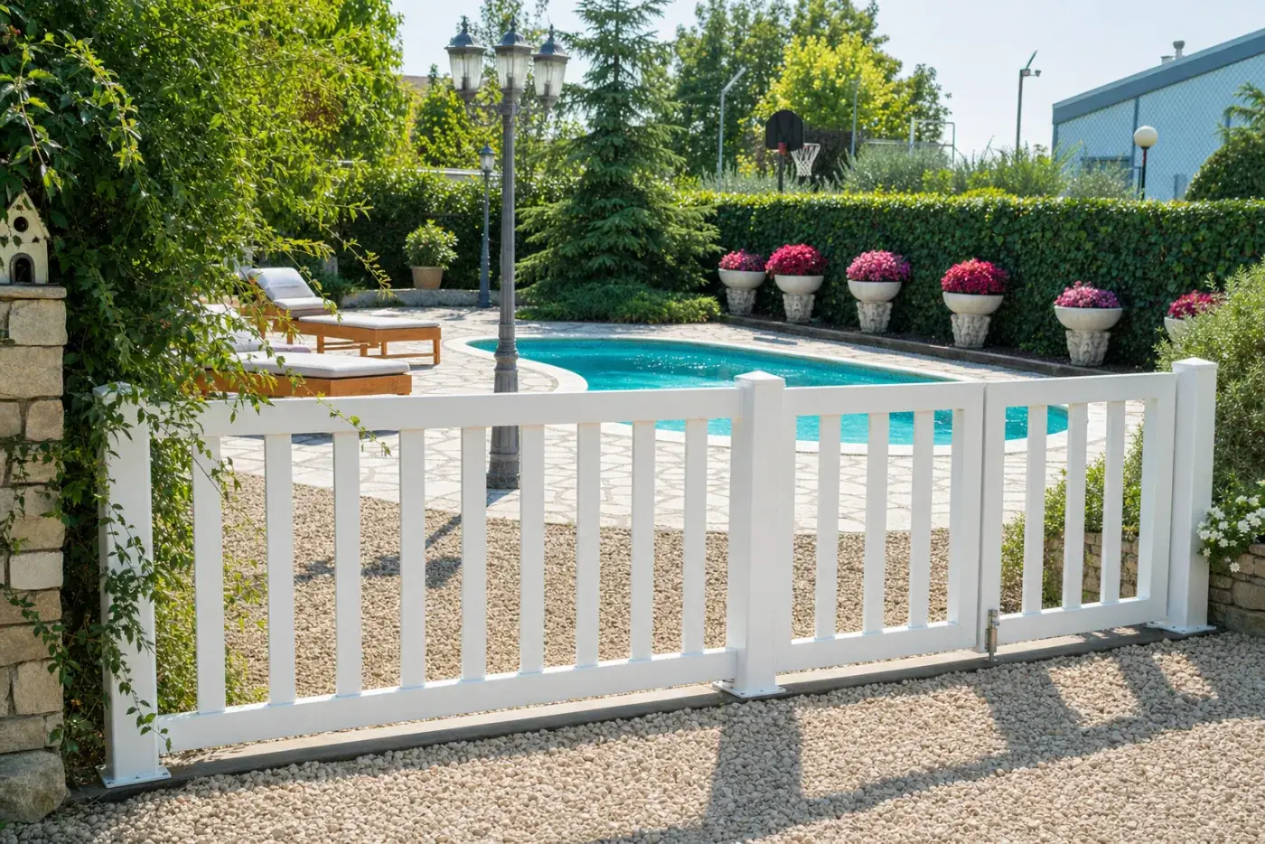 Tancament de piscina de PVC blanc amb barrots verticals i porta de seguretat