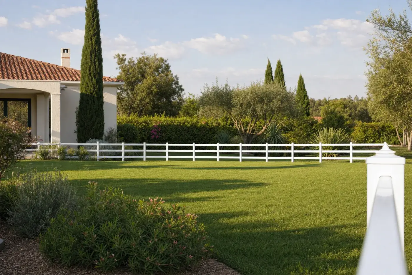 Tancament de PVC post-rail blanc de travessers horitzontals en un jardí residencial