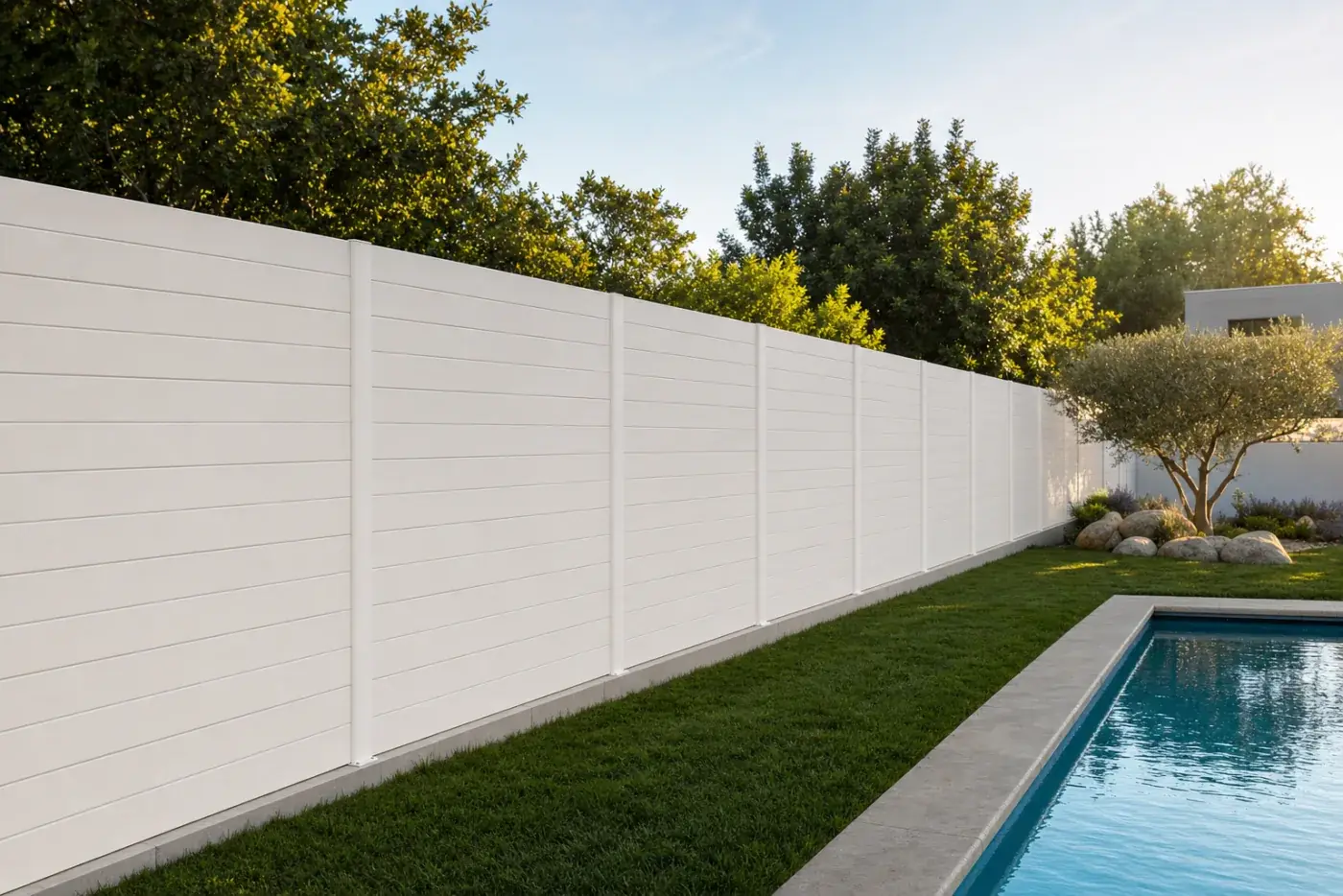 Tanca de lamel·la opaca blanca al voltant d'un jardí amb piscina