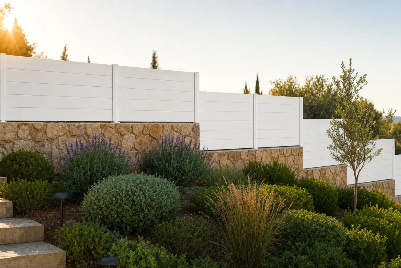 Tanca de lamel·la opaca blanca en un jardí en terrasses amb mur de pedra
