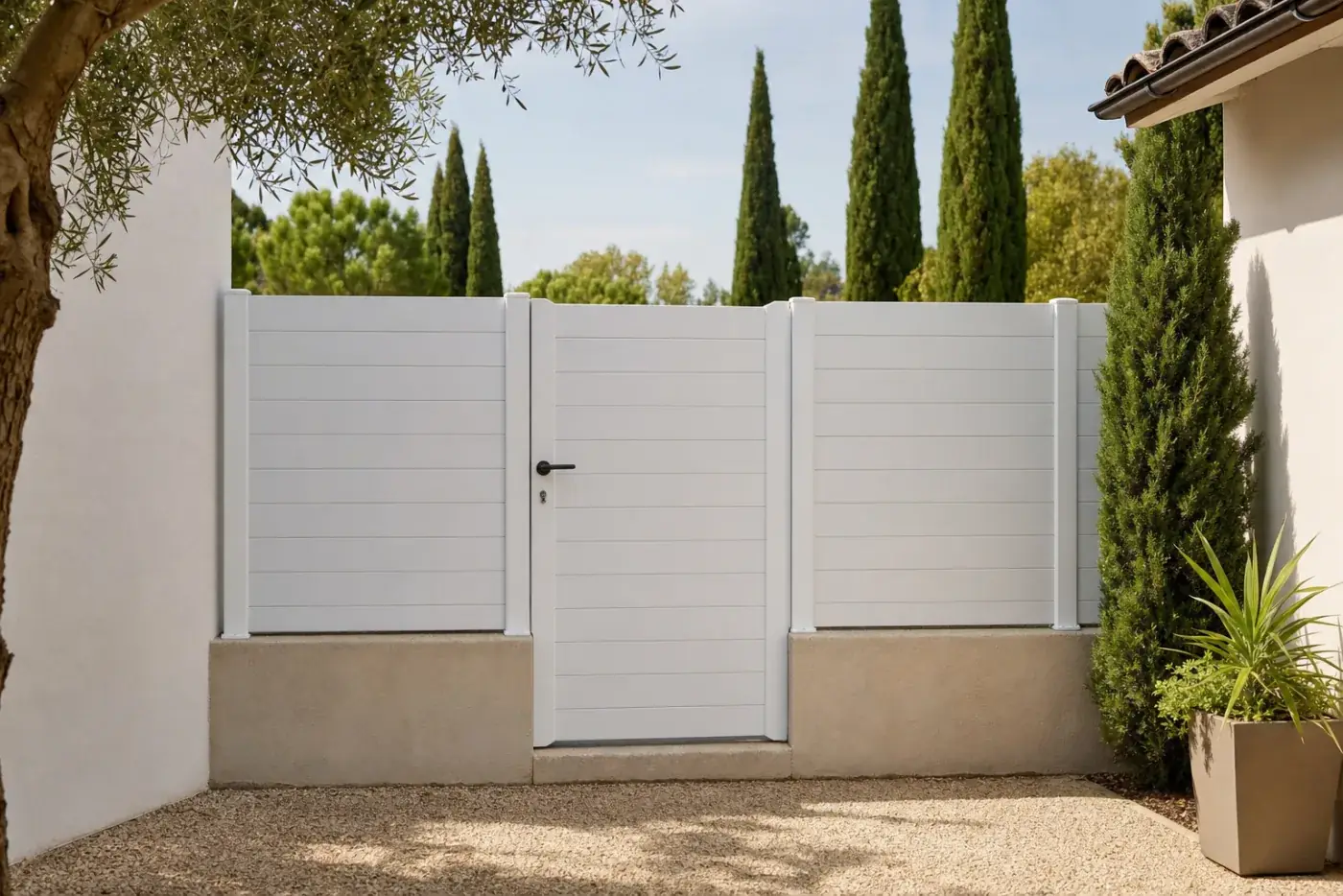 Tanca de lamel·la opaca blanca amb porta en un jardí privat amb cipresos