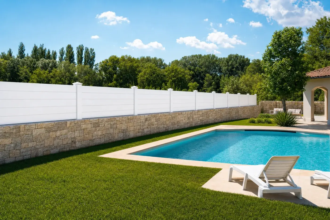 Tanca de lamel·la opaca blanca al voltant d'una piscina familiar