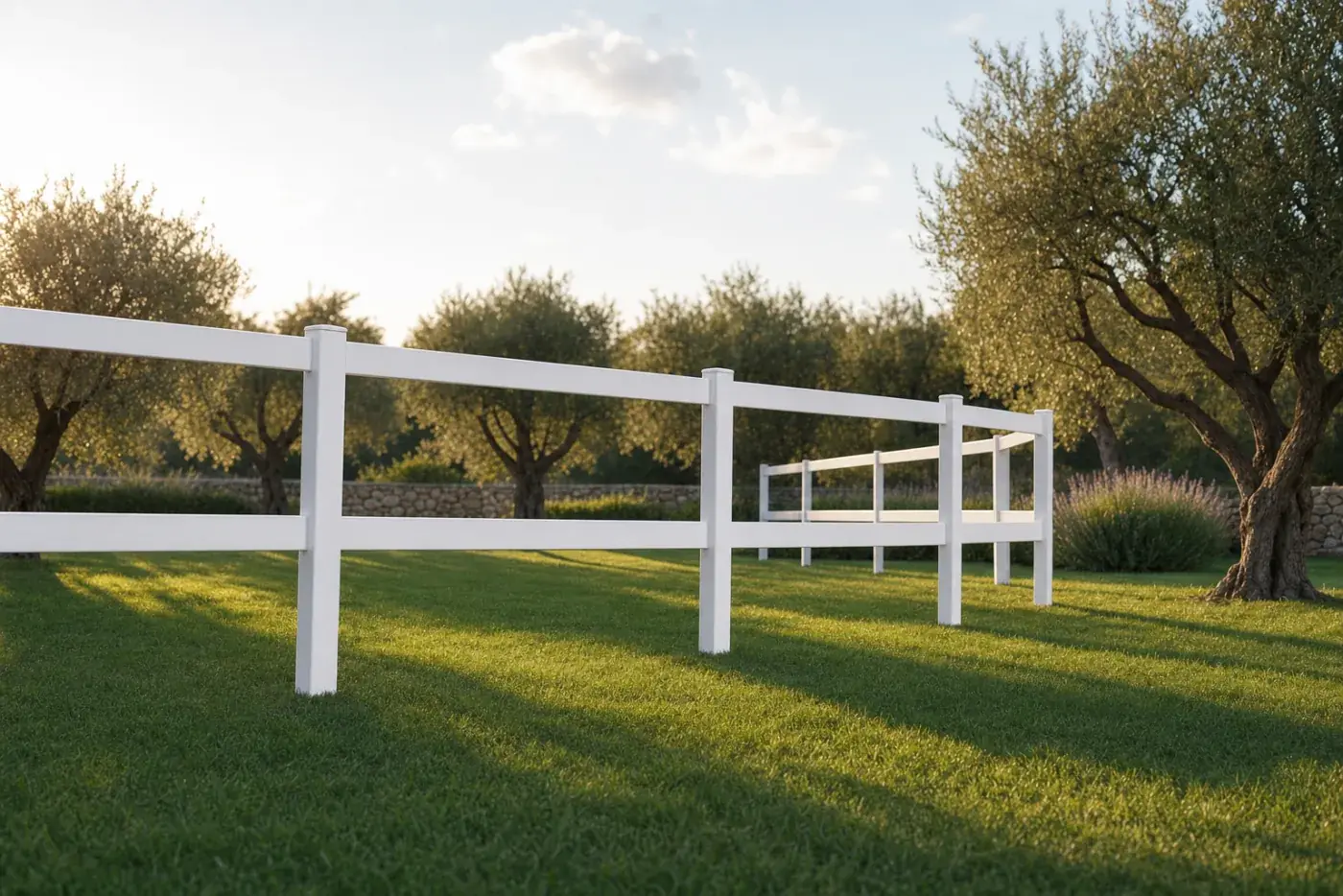Tanca post-rail de jardí blanca en un jardí ampli amb oliveres