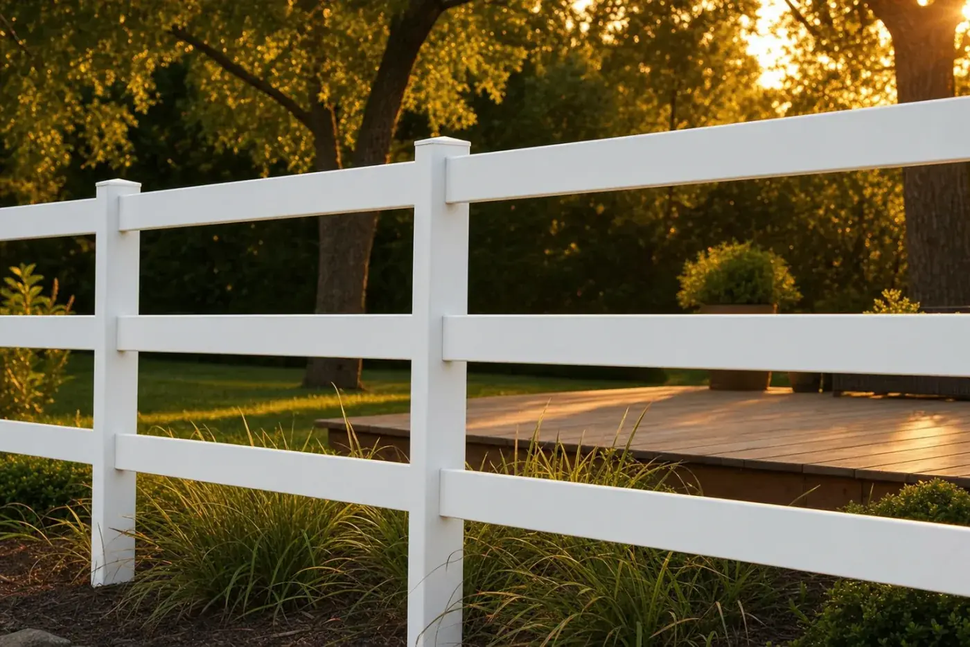 Tanca post-rail de jardí blanca en un jardí amb arbres i tarima de fusta