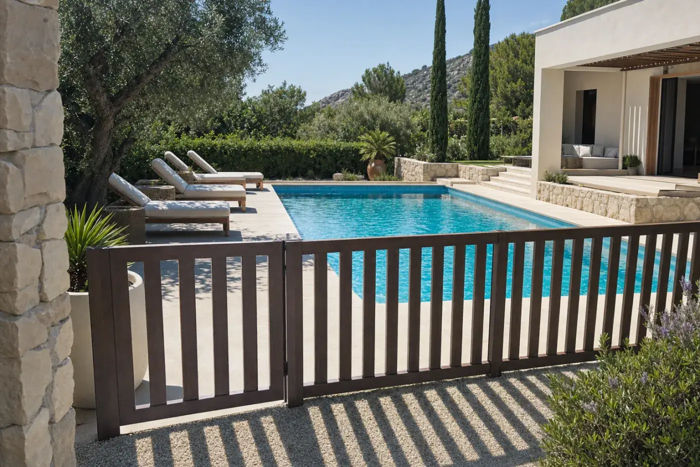 Tanca de piscina esvelta amb acabat noguera i porta, al voltant d'una piscina de disseny