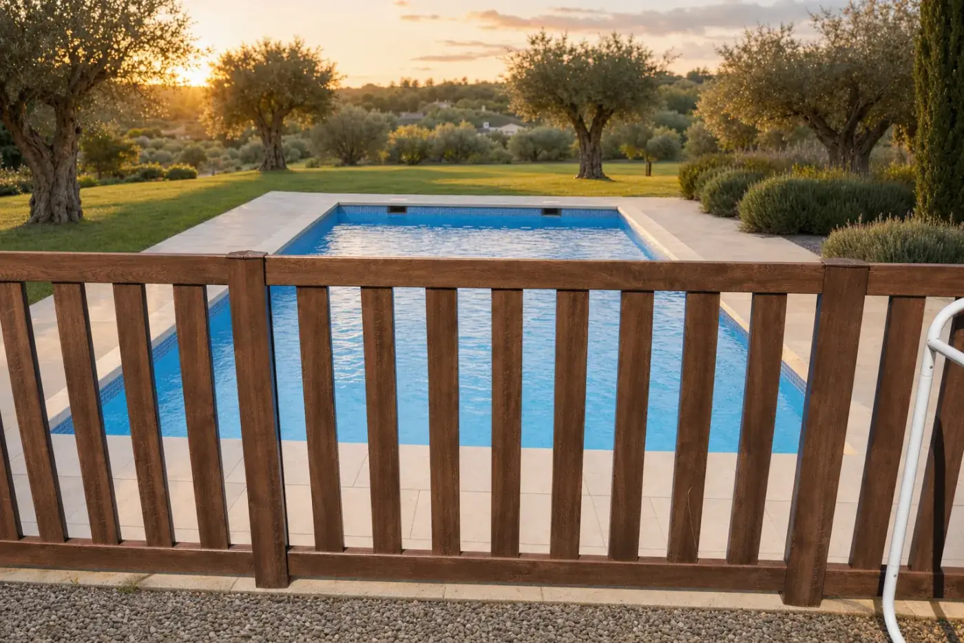 Tanca de piscina esvelta amb acabat noguera al voltant d'una piscina amb oliveres al capvespre