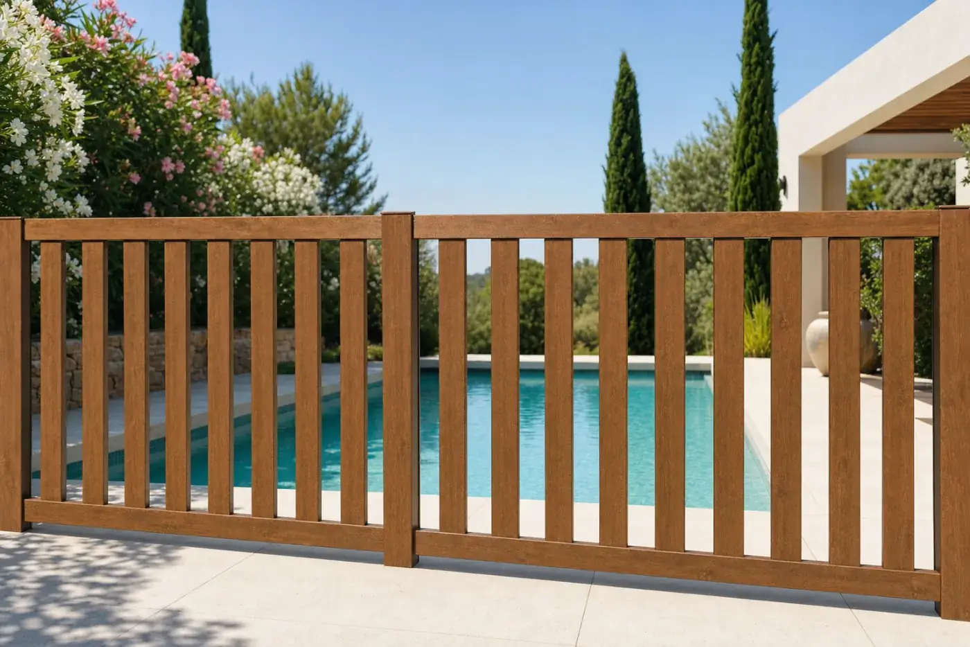 Tanca de piscina esvelta amb acabat noguera al voltant d'una piscina amb cipresos