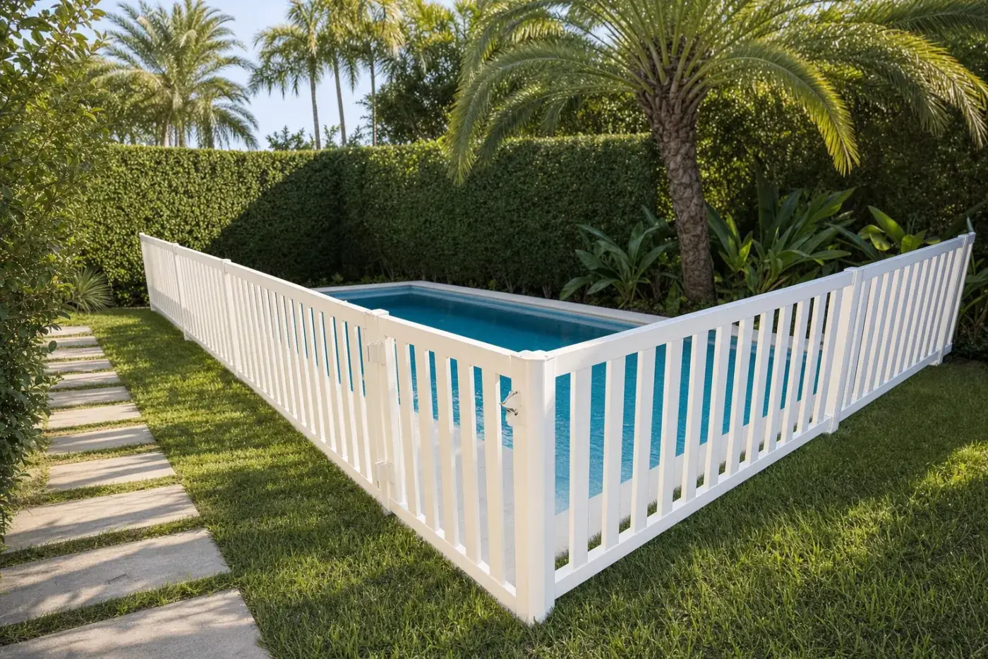 Tanca de piscina esvelta blanca al voltant d'una piscina amb palmeres