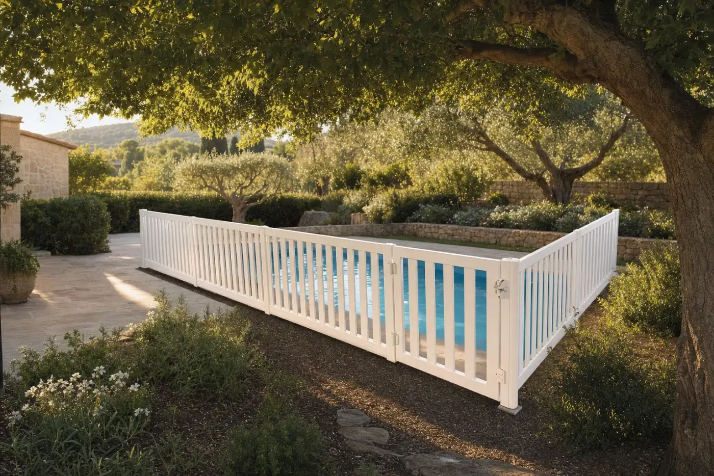 Tanca de piscina esvelta blanca amb porta de seguretat al voltant d'una piscina en un jardí d'oliveres