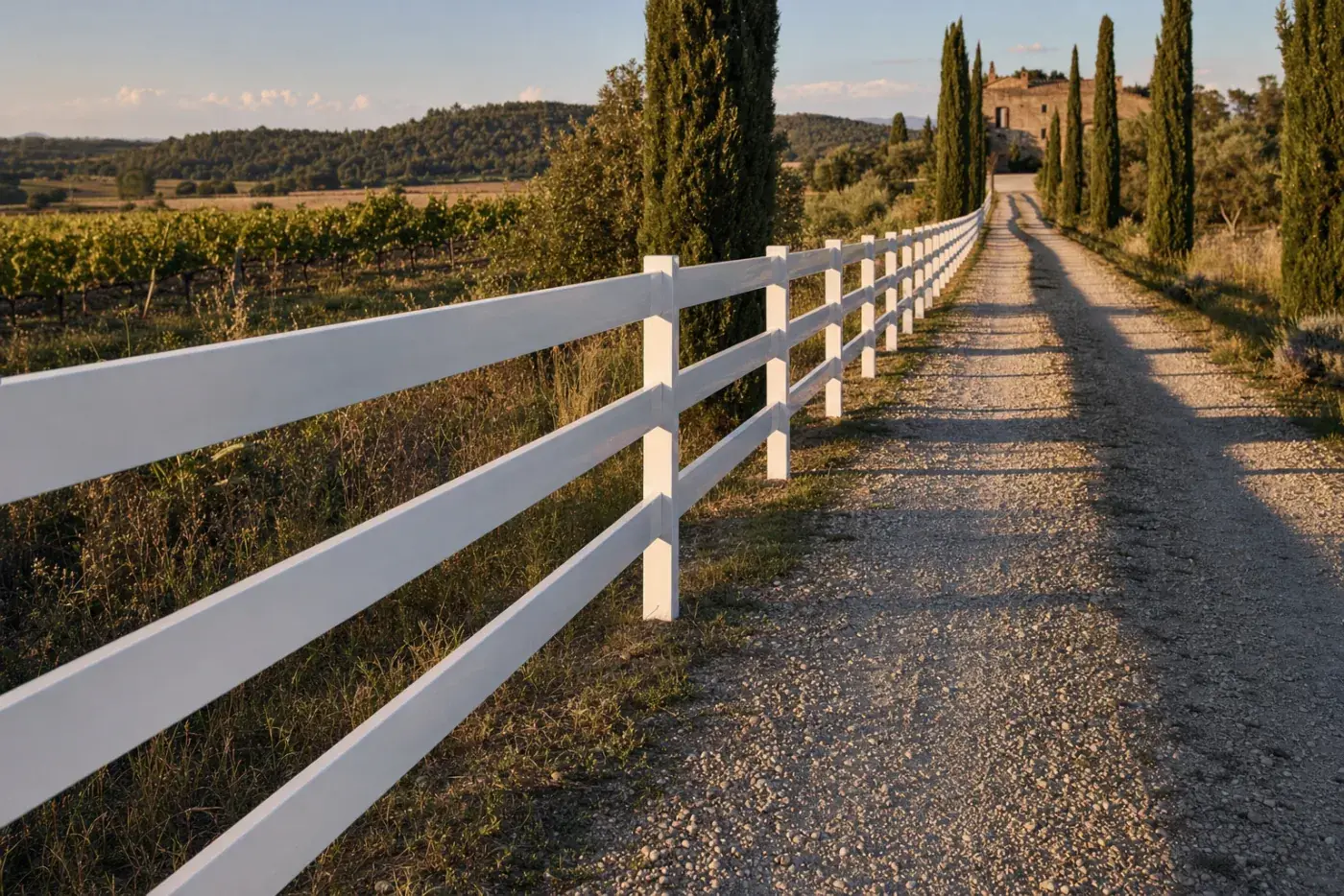 Finca de l'Empordà delimitada amb tancament post-rail de PVC blanc