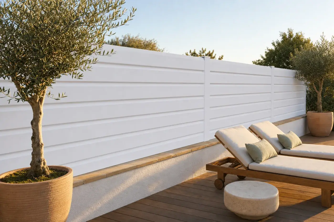 Jardí privat tancat amb tanca de PVC blanca de lamel·la