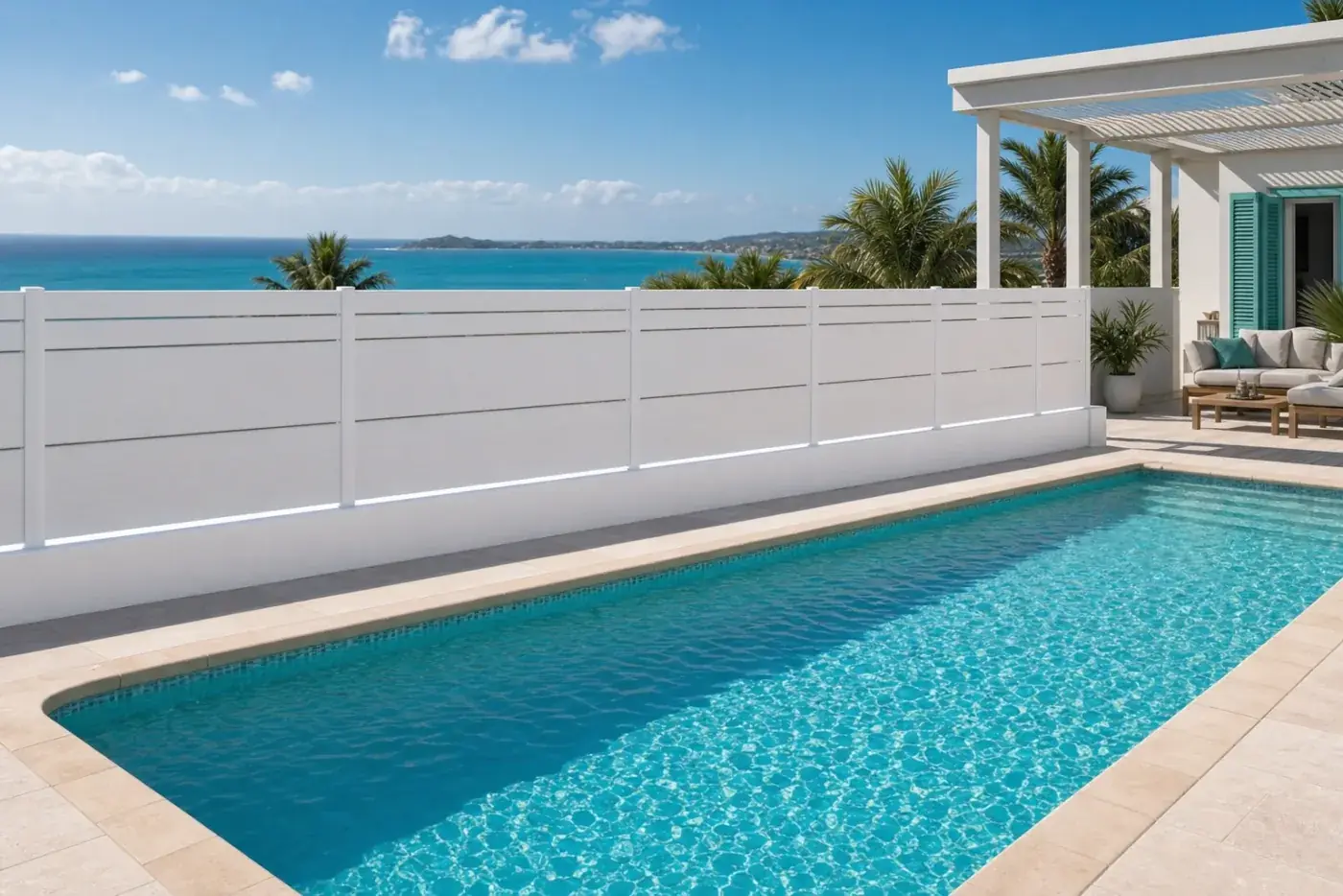 Piscina protegida amb tanca de PVC blanca de seguretat