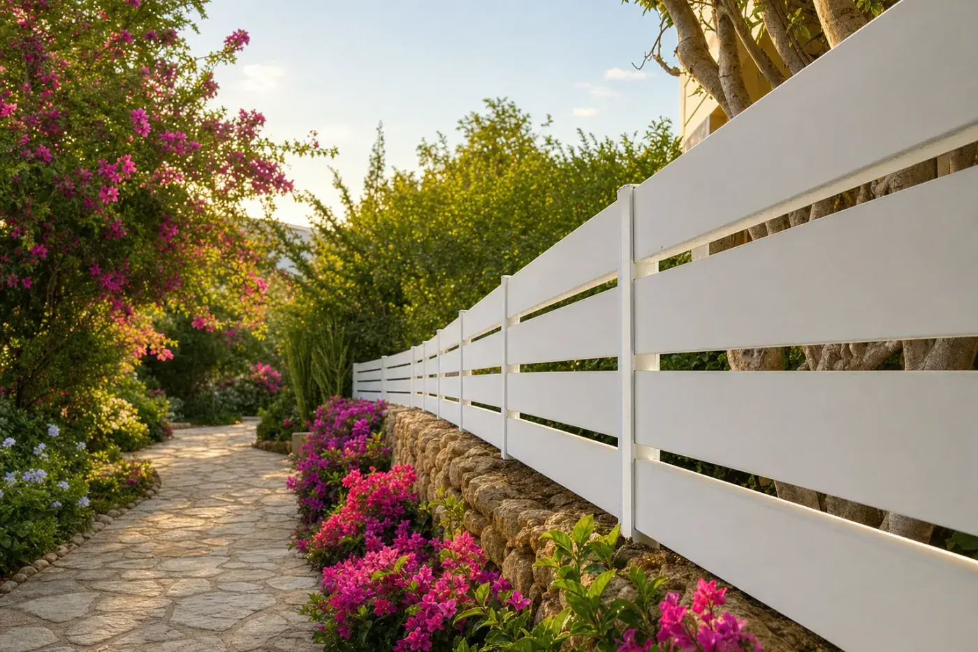 Tanca semi-oberta blanca en un jardí amb buguenvíl·lea