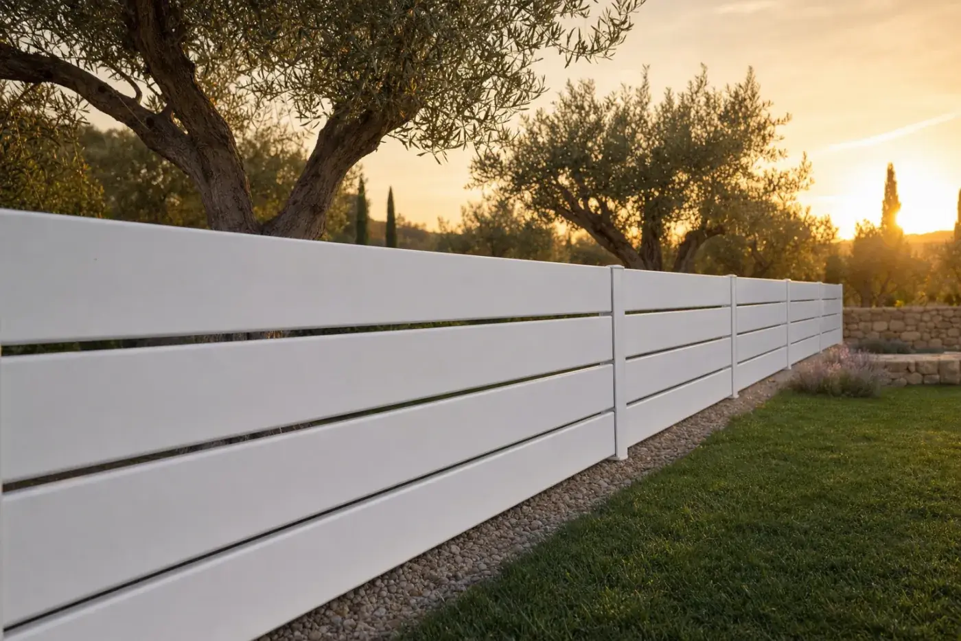 Tanca semi-oberta blanca en un jardí d'oliveres a l'hora daurada