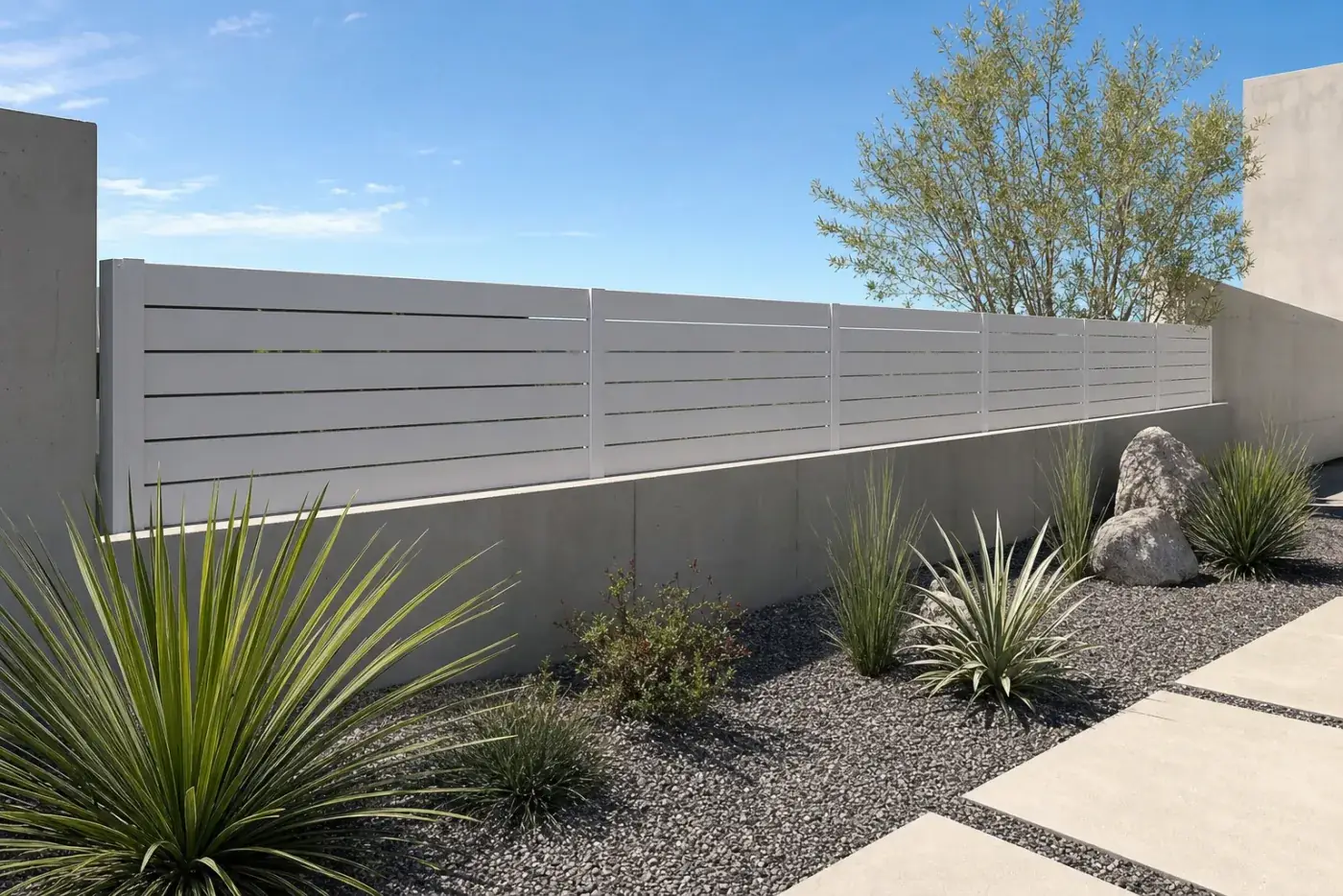 Tanca semi-oberta blanca en un jardí minimalista de grava