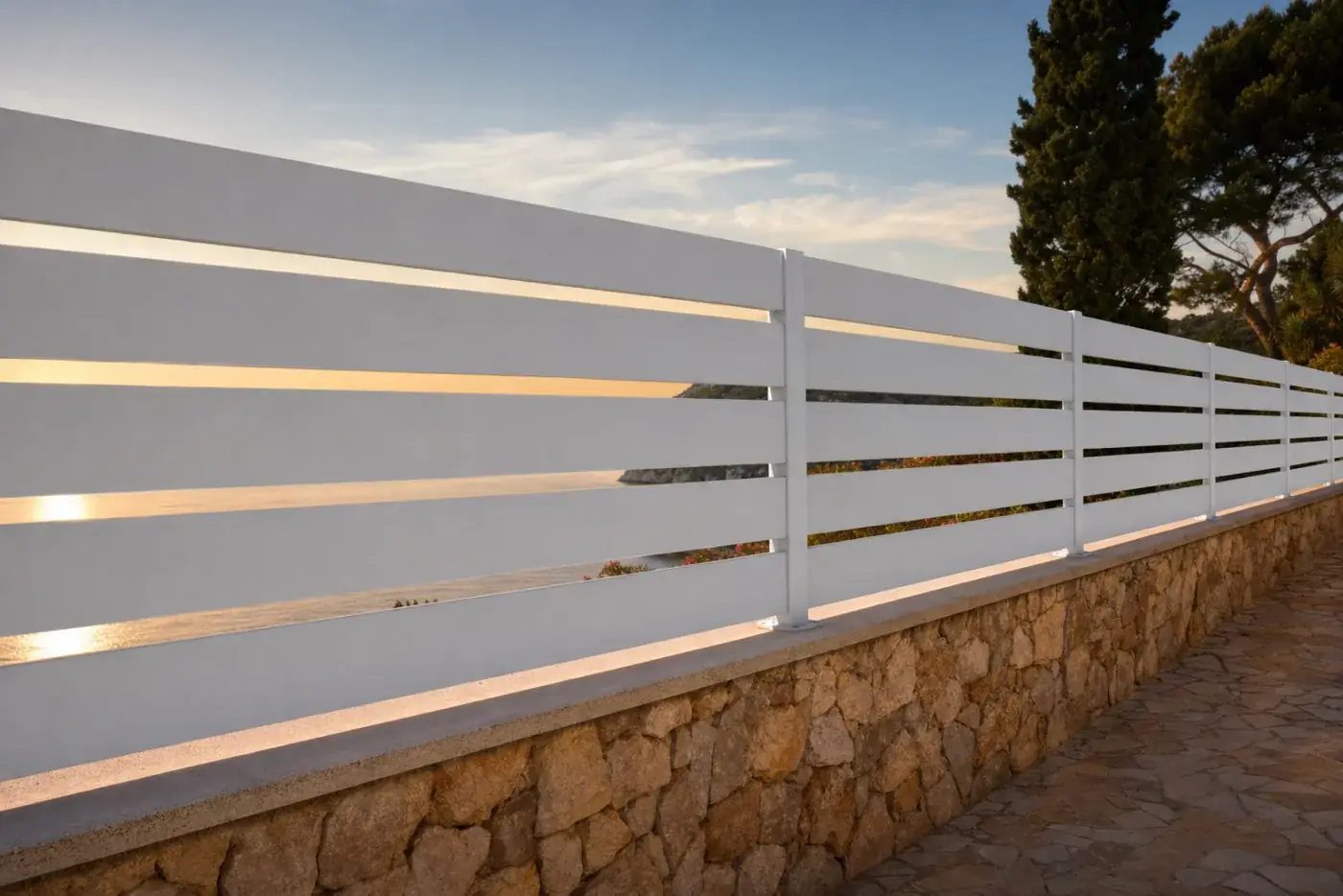 Tanca semi-oberta blanca en una terrassa amb mur de pedra i olivera