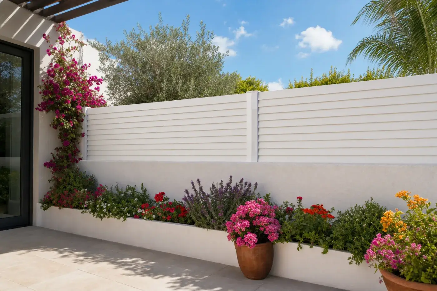 Tanca opaca Venècia blanca en un jardí amb flors i parterres